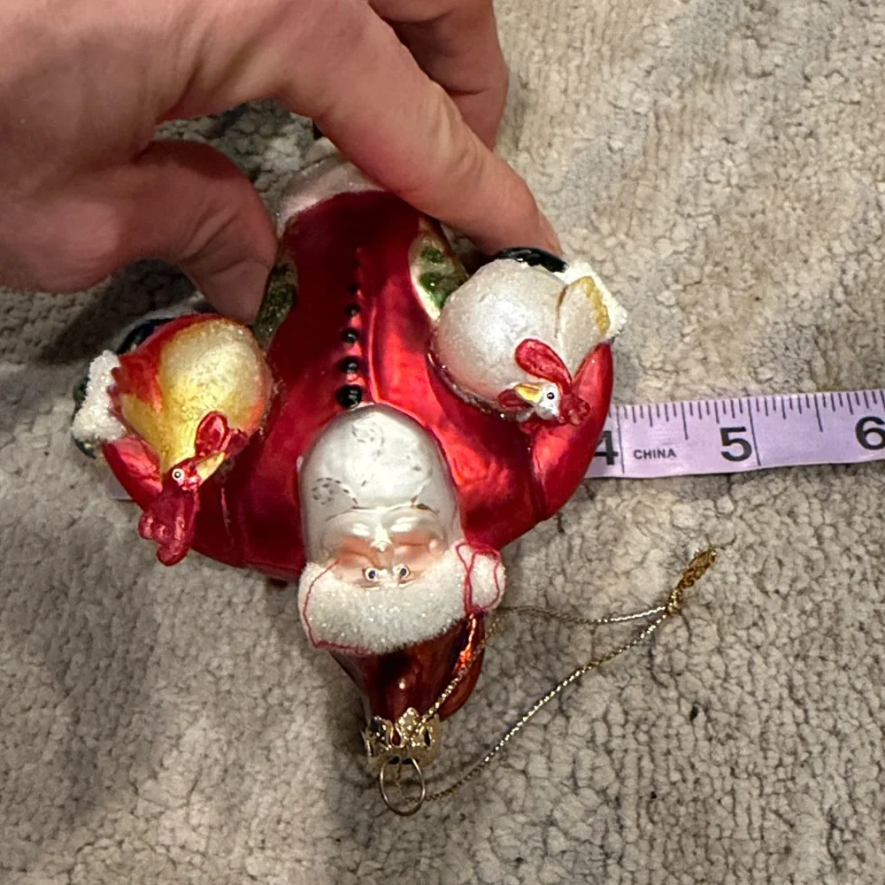 🎅 🐓 Vintage Santa Holding Chickens Glass Christmas Ornament Large 6.5